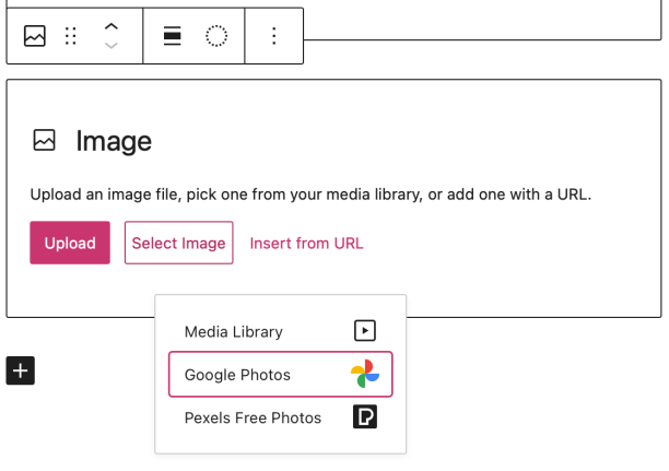 在任何適用於圖片的區塊 (例如：圖片區塊、精選圖片選擇區皆可) 按一下「選取圖片」，然後選擇「Google 相簿」選項 via Google 相簿 – 支援 (wordpress.com)